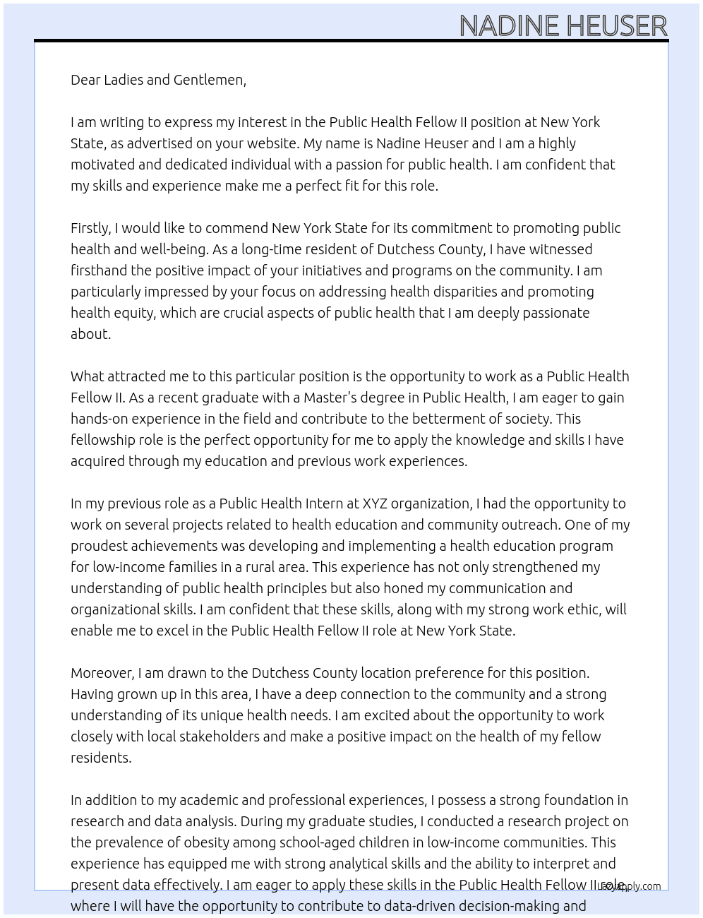 Public Health fellow II At New York State Cover Letter