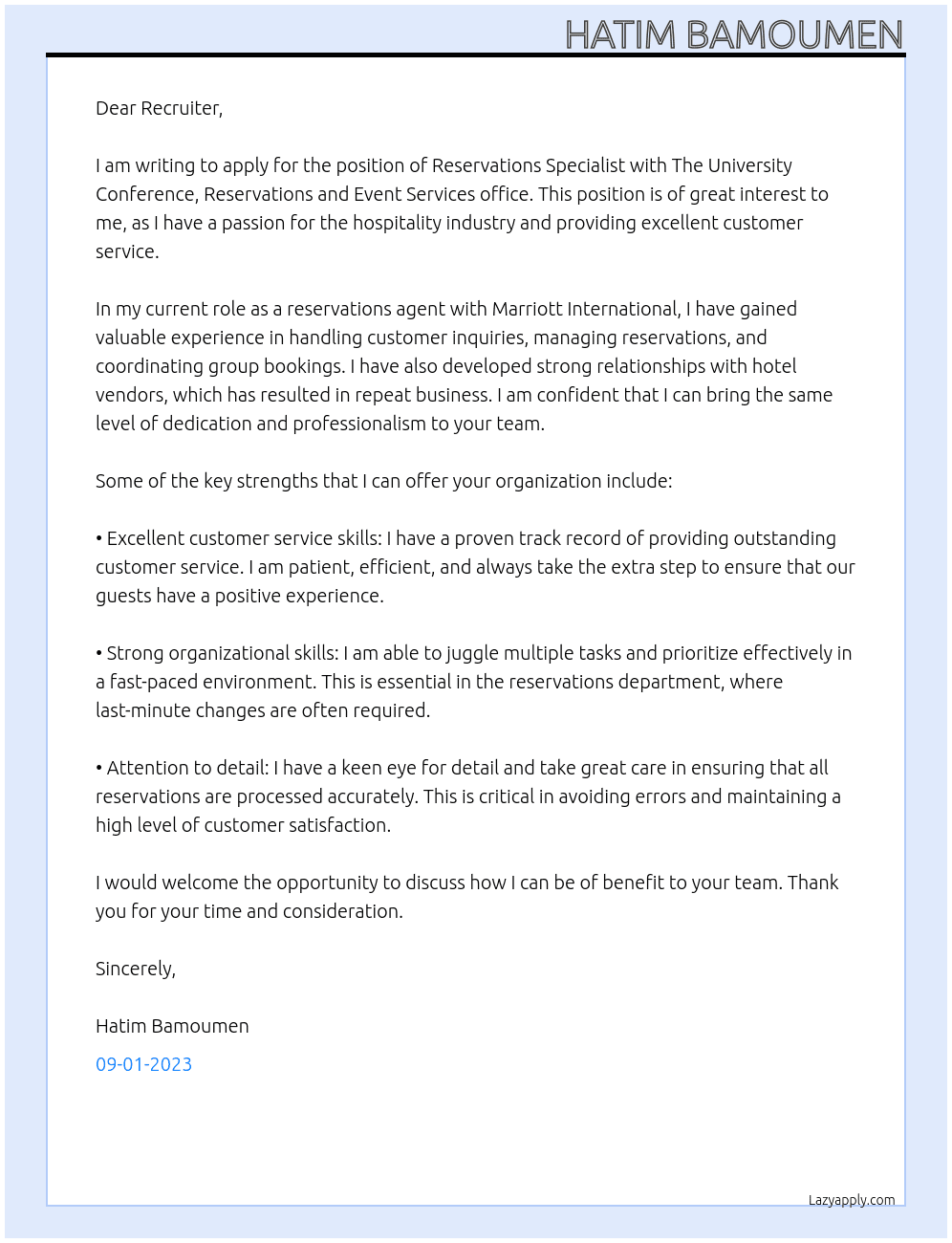 Reservations Specialist At The University Conference, Reservations and Event Services office Cover Letter