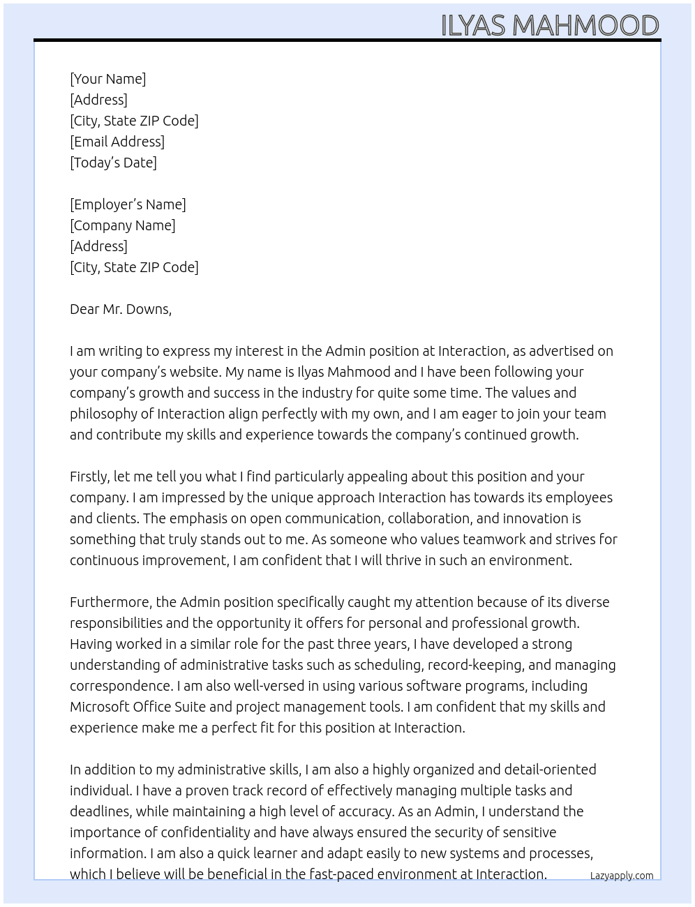Admin At Interaction  Cover Letter