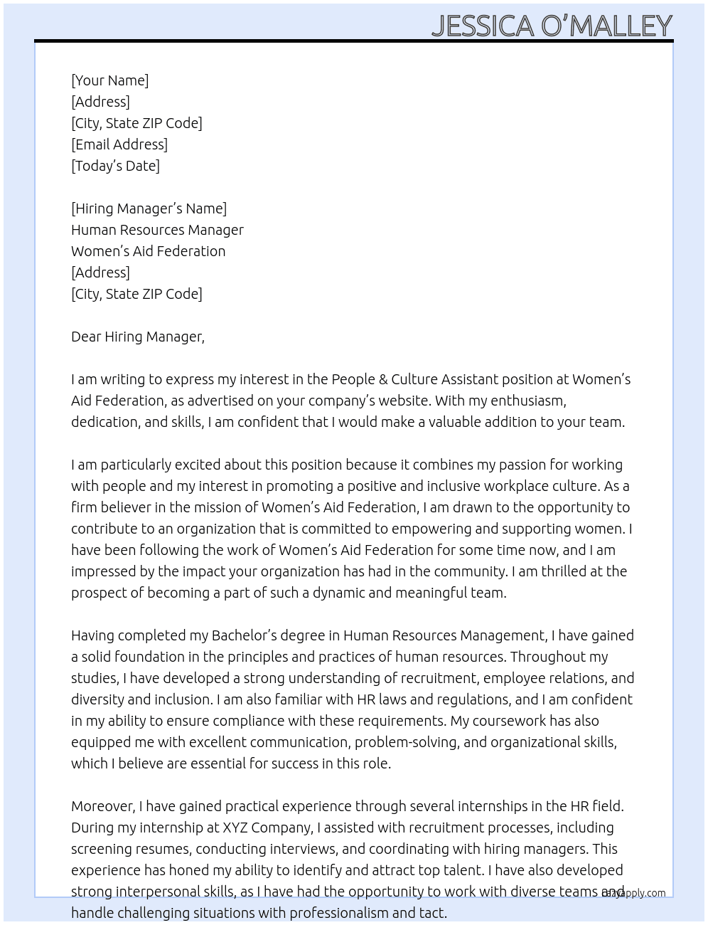 People & Culture Assistant At Women’s Aid Federation Cover Letter