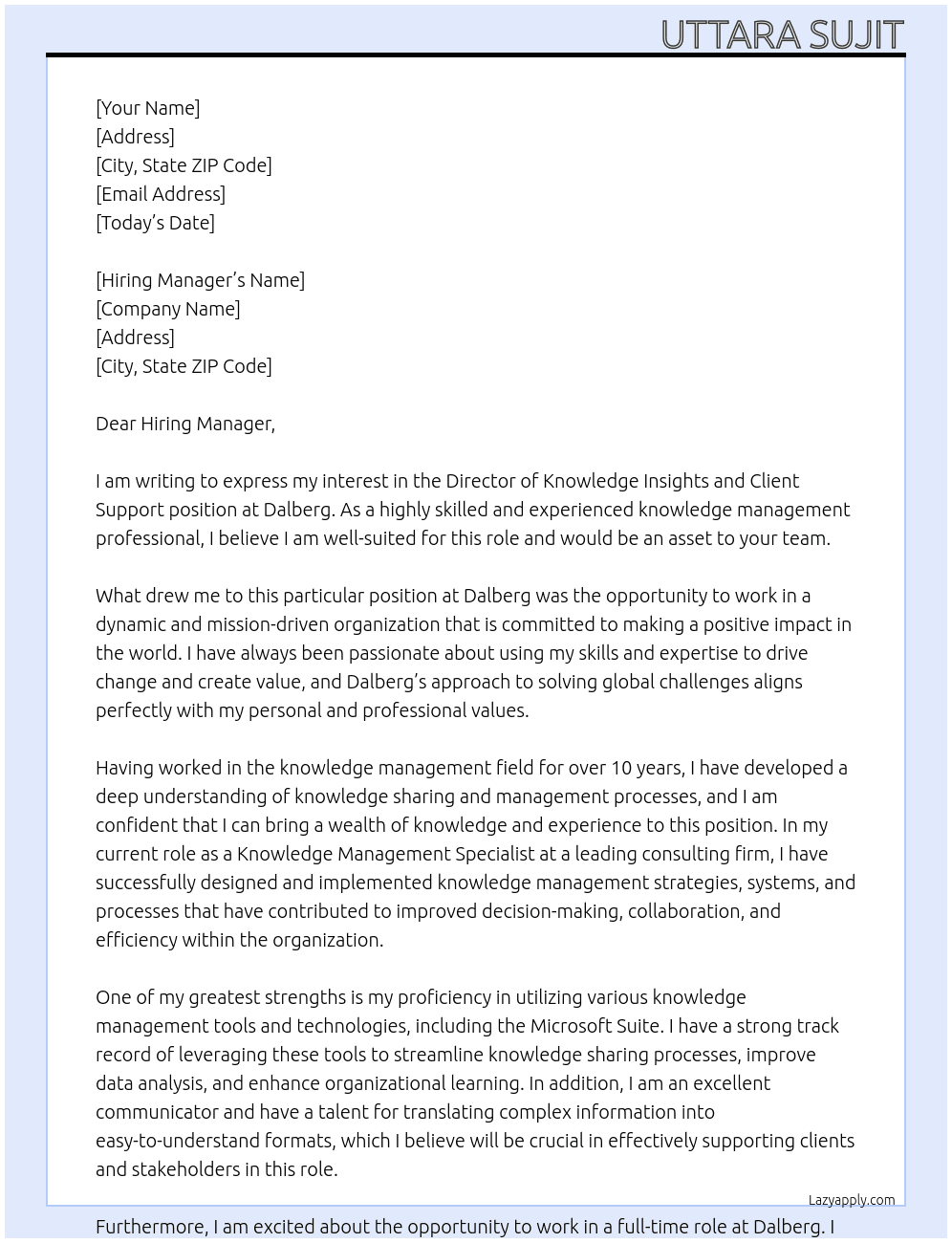 Director of Knowledge Insights and Client Support At Dalberg Cover Letter