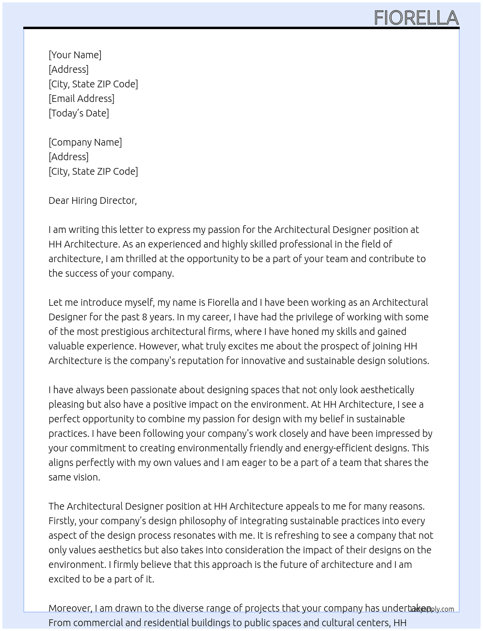 Architectural designer  At HH Architecture Cover Letter