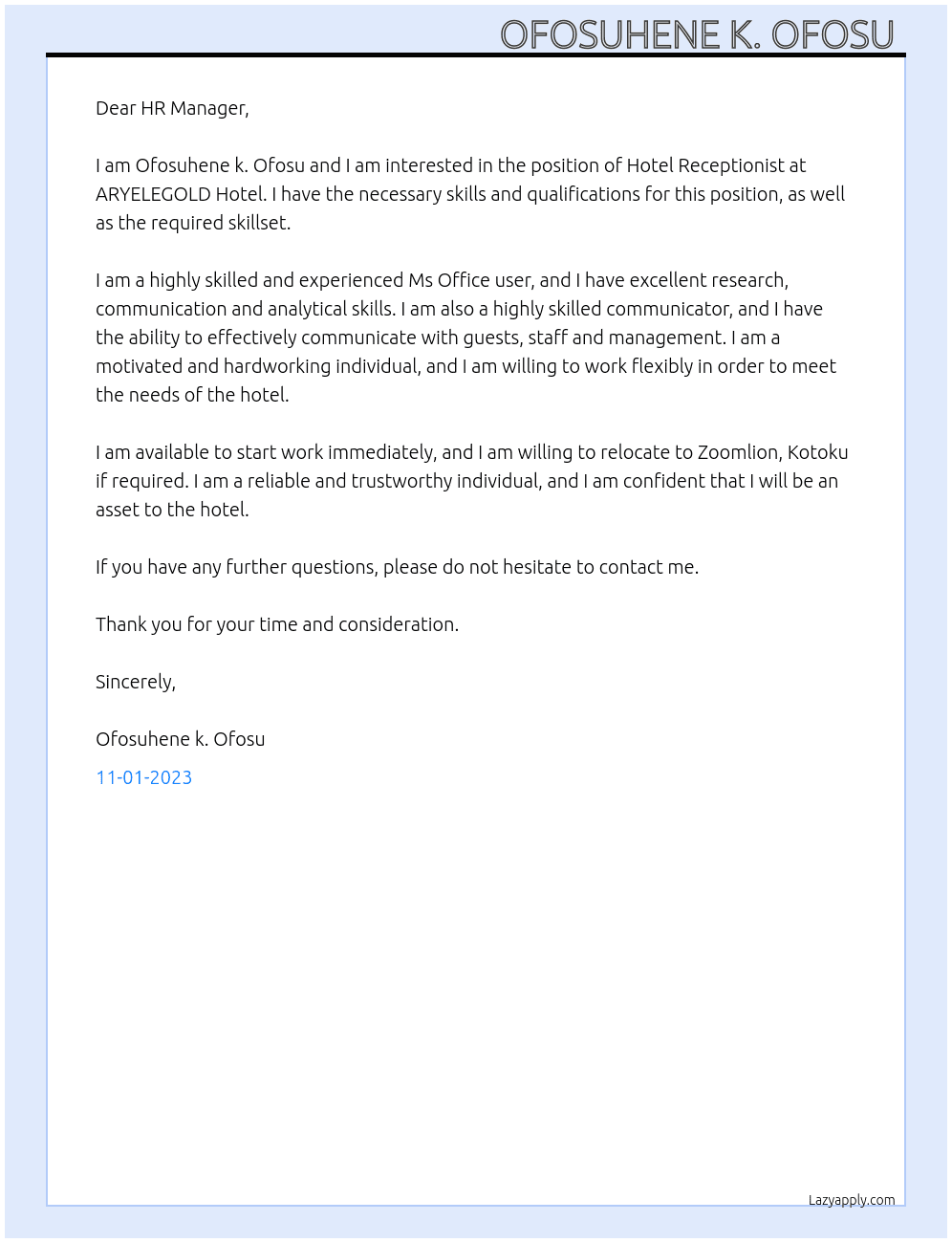 Hotel Receptionist  At ARYELEGOLD Hotel Cover Letter