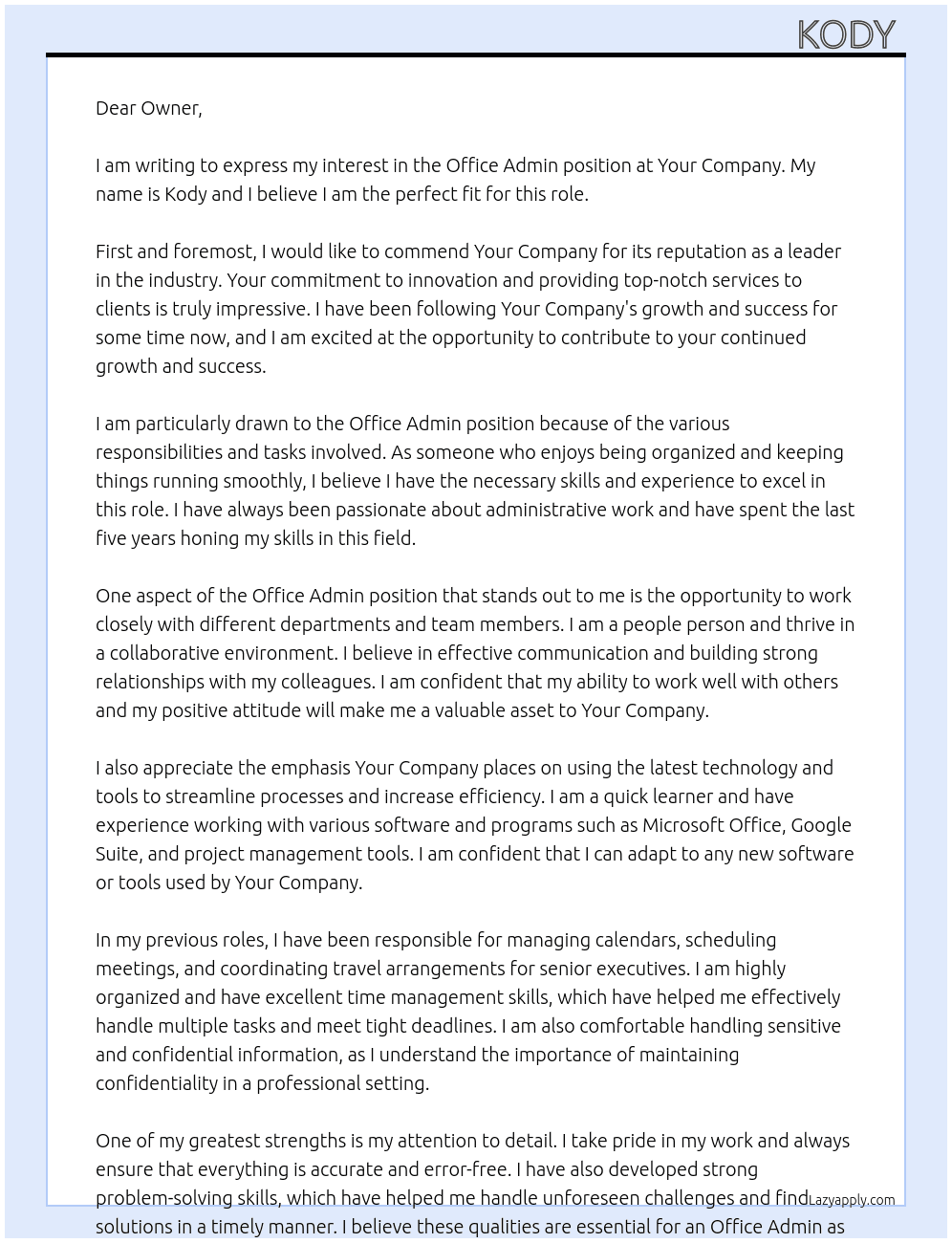 Office admin At Your company  Cover Letter