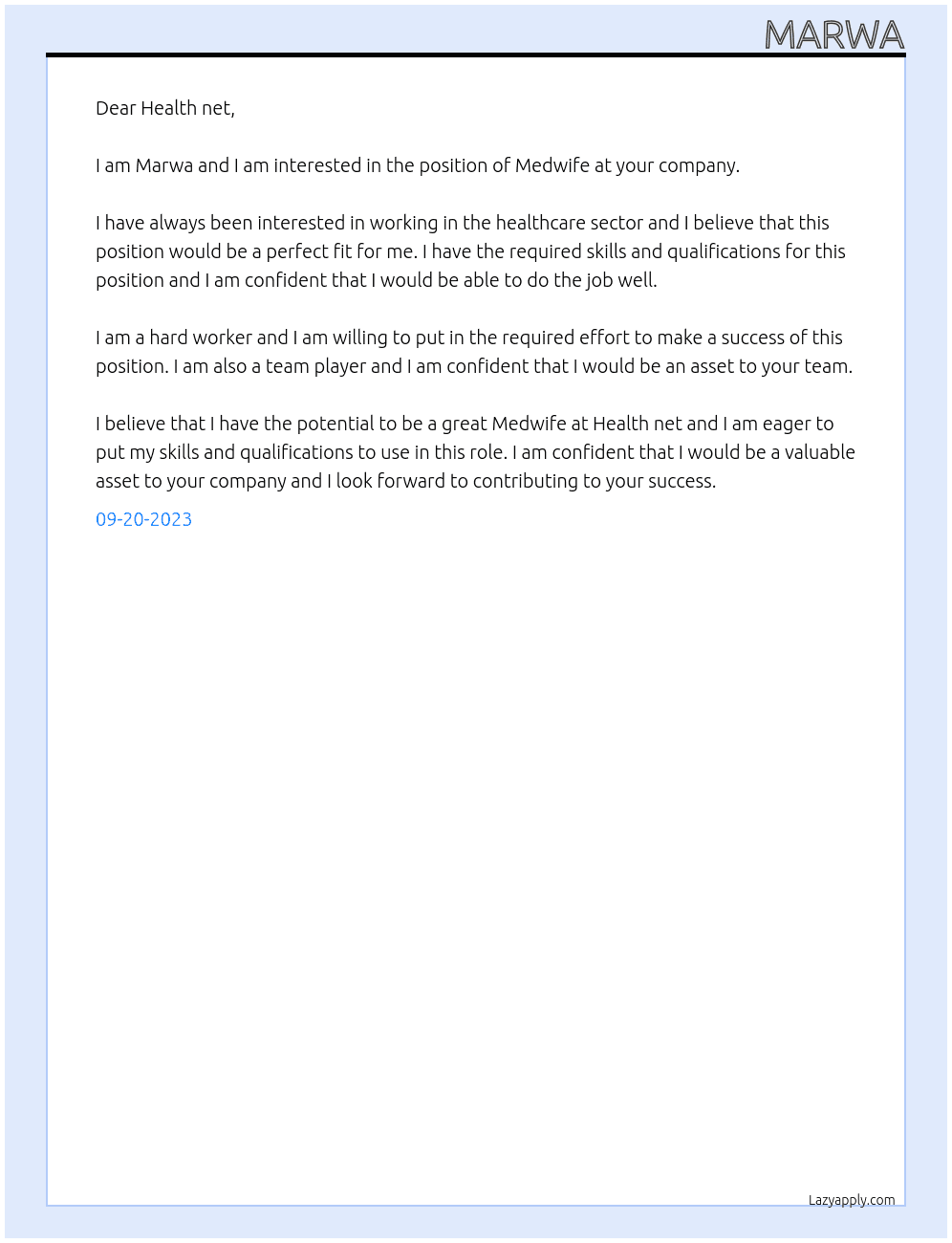 Medwife At Health net Cover Letter