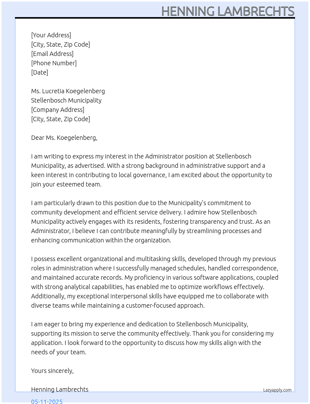 ADMINISTRATOR At Stellenbosch Municipality Cover Letter