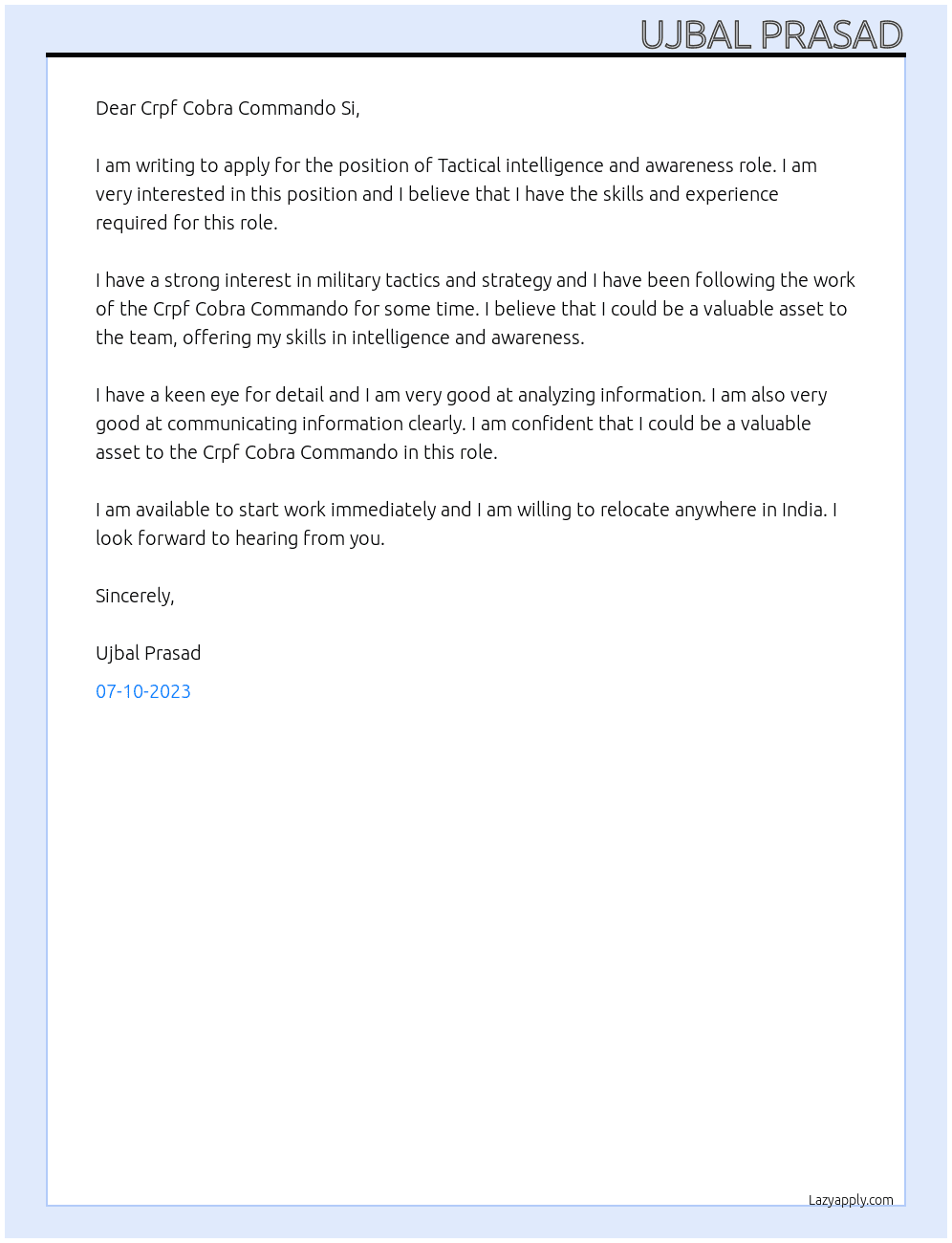 Cobra commando crpf india At Crpf cobra commando si Cover Letter
