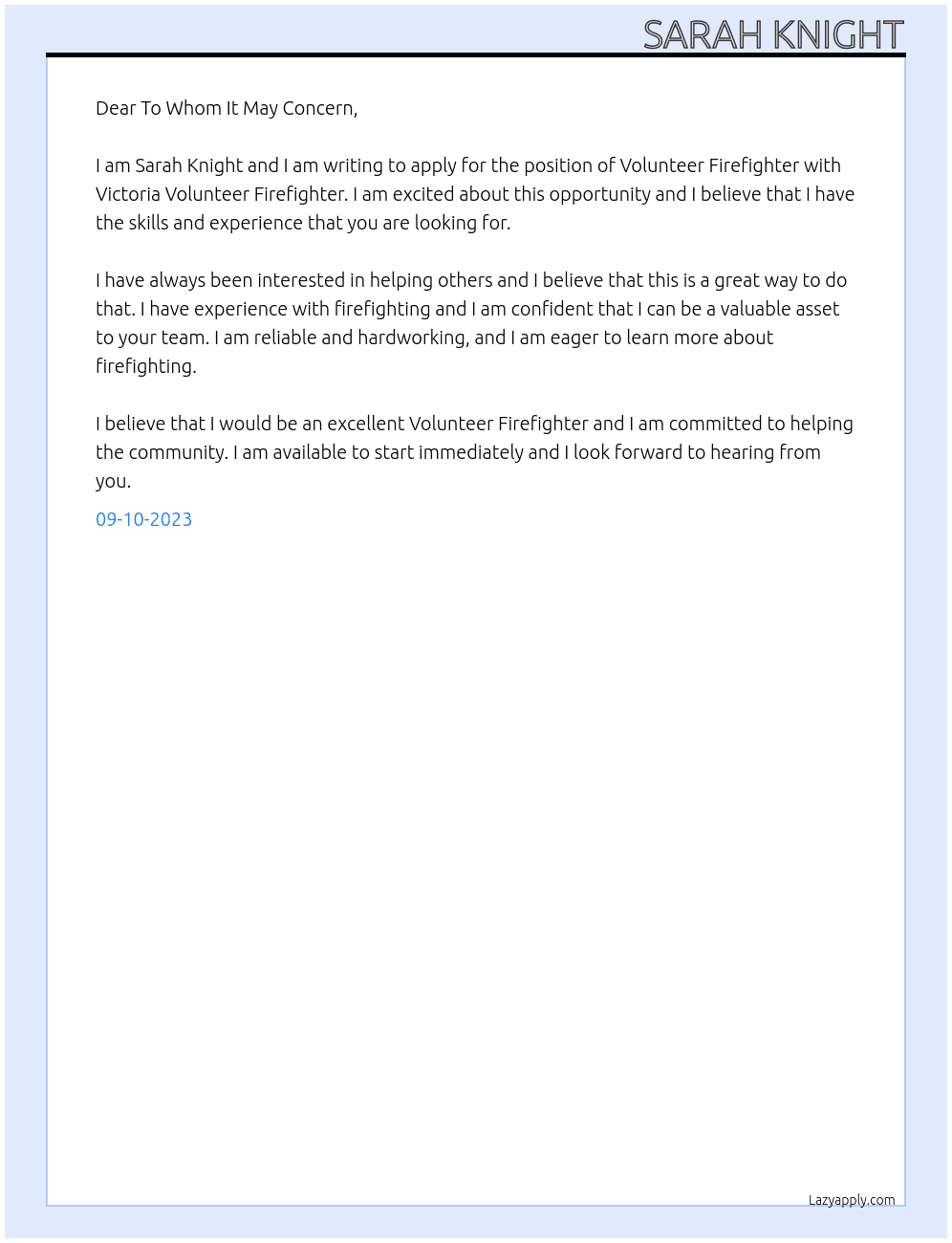 Volunteer Firefighter  At Victoria Volunteer Firefighter  Cover Letter