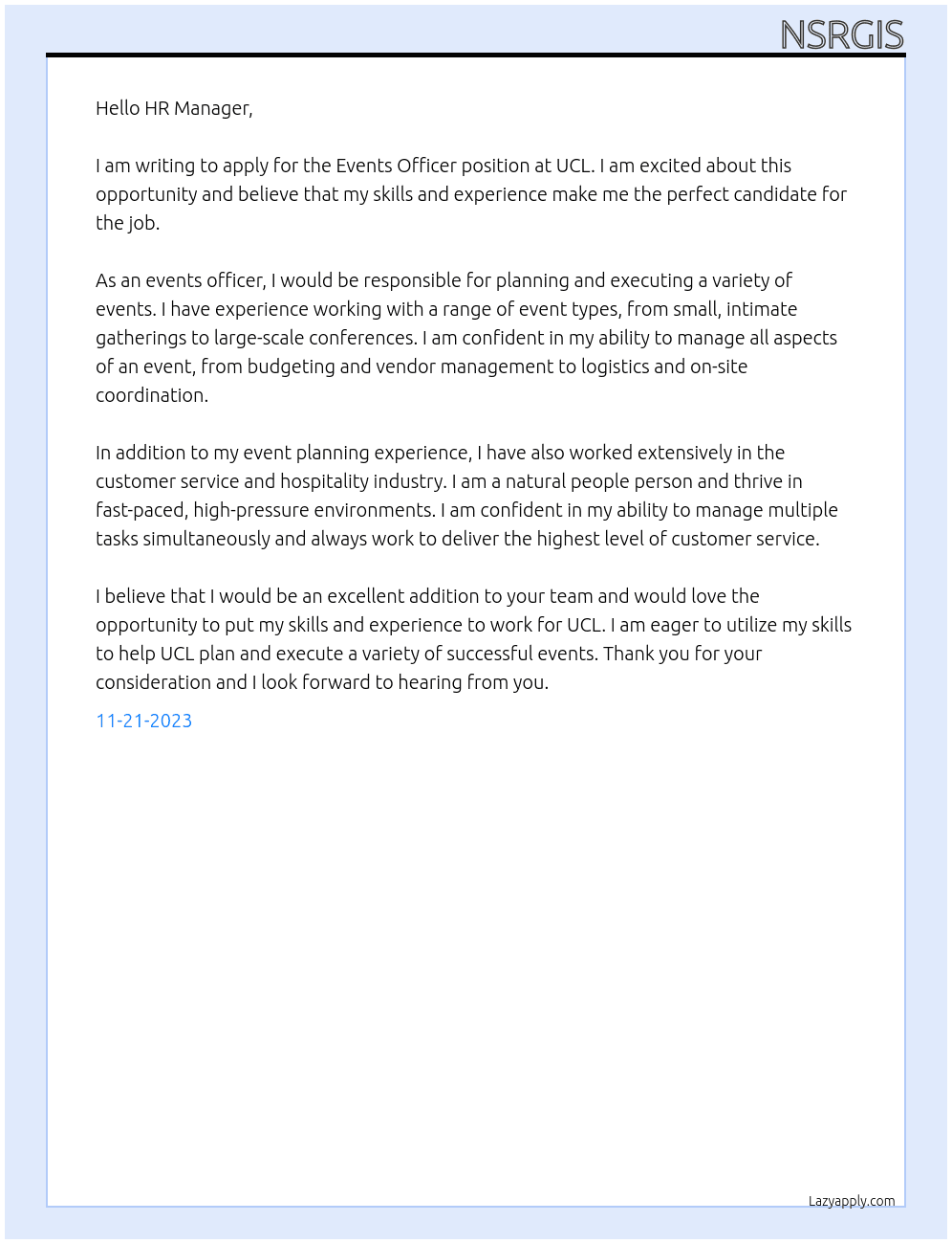 Events Officer At UCL Cover Letter