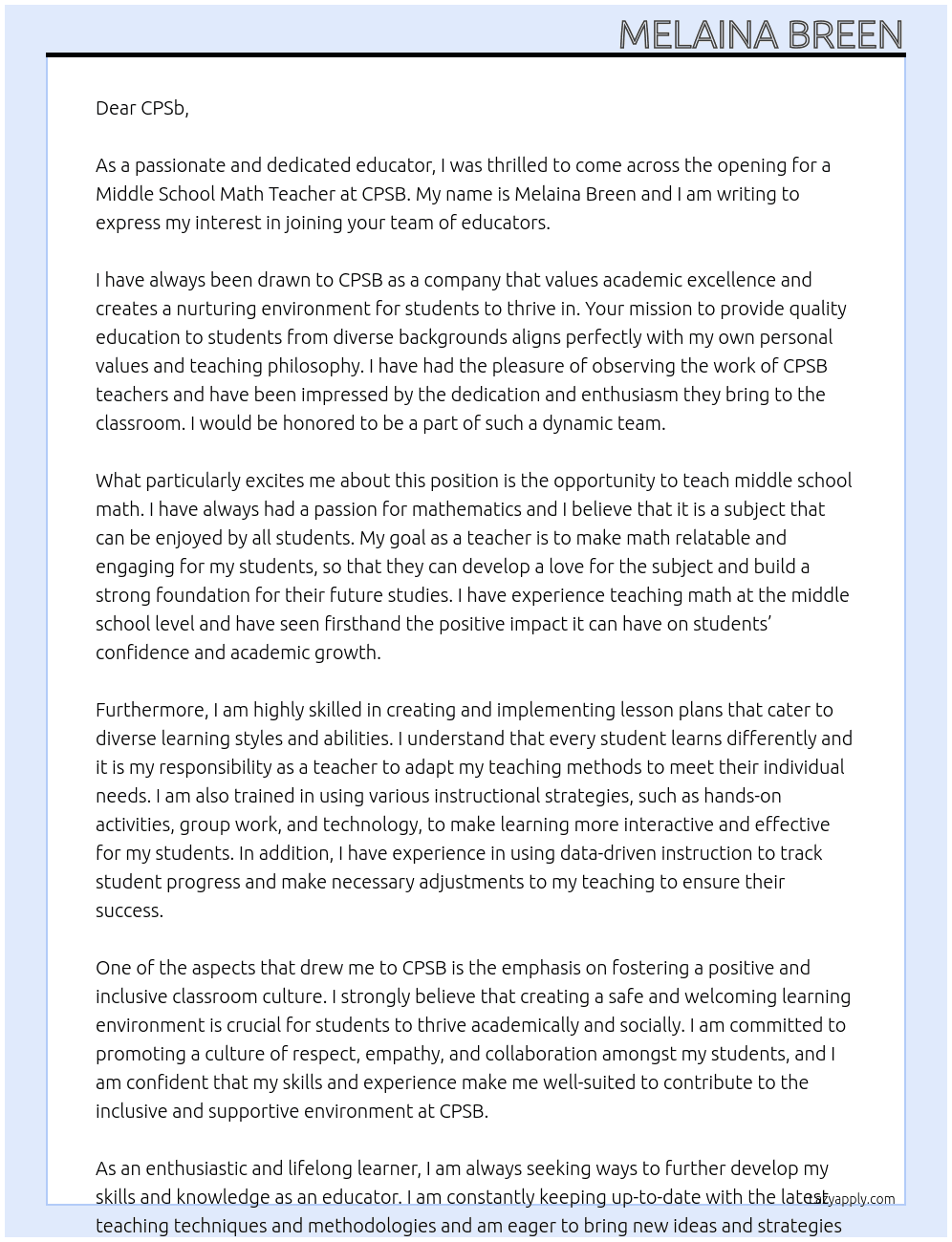 Middle School Math Teacher At CPSB Cover Letter