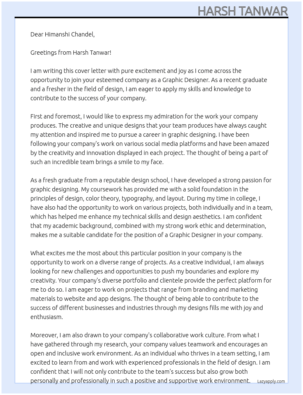 Fresher  At Graphic designer  Cover Letter
