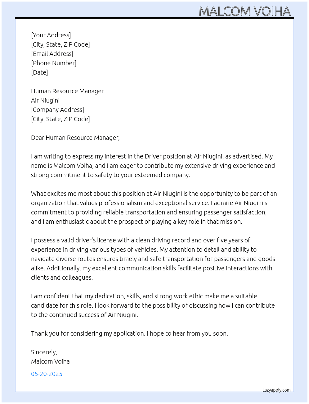 Driver  At Air Niugini  Cover Letter