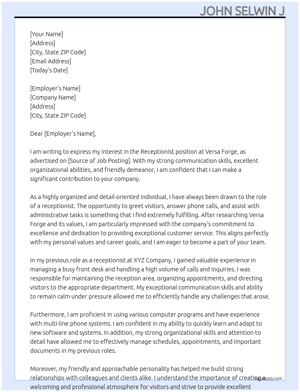 Cover letter for receptionist company - LazyApply