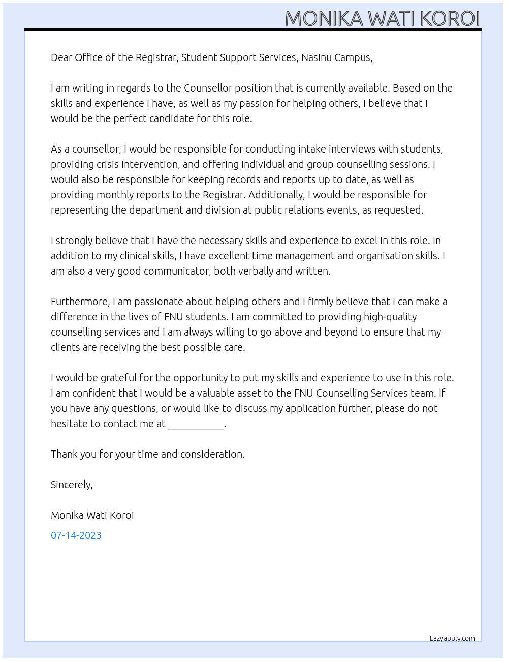 Counsellor At Fiji National University Cover Letter