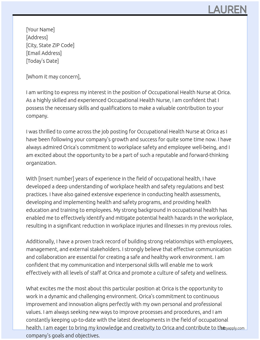 Occupational Health Nurse  At Orica  Cover Letter