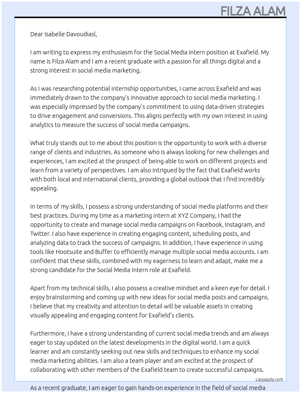 Social Media Intern At Exafield Cover Letter