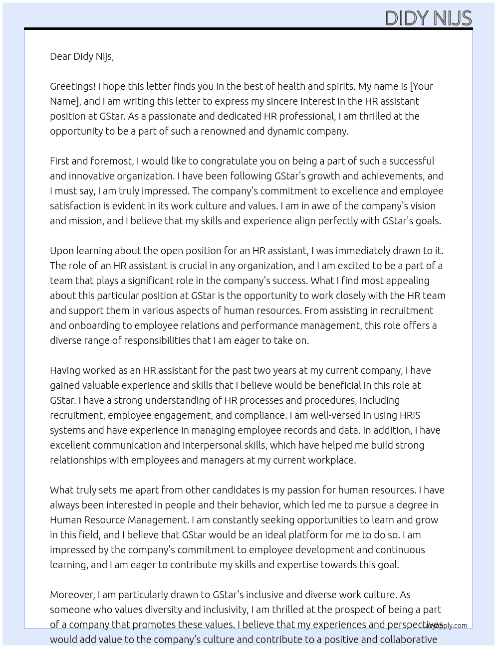 HR assistent At GStar Cover Letter