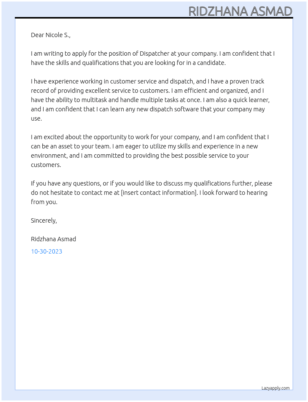 Dispatcher At your company Cover Letter