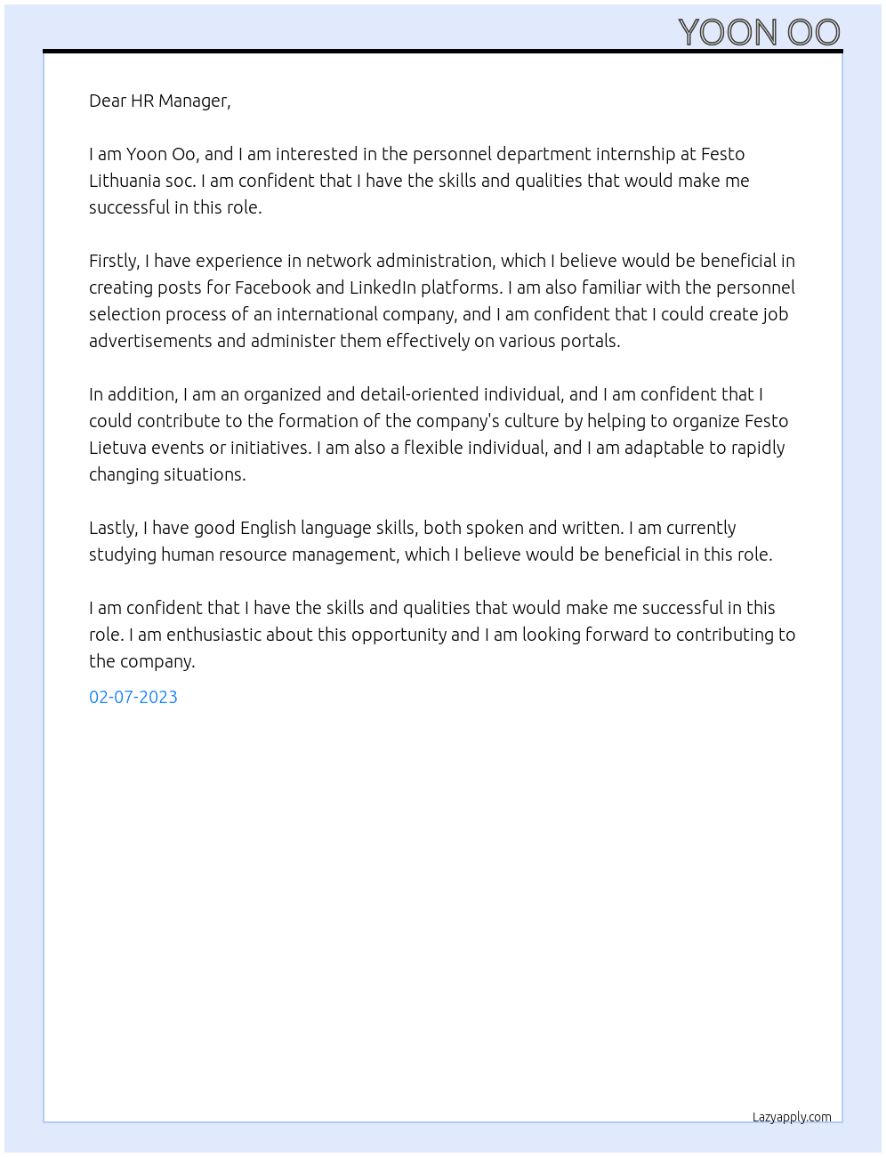 Personnel department internship  At Feato Cover Letter