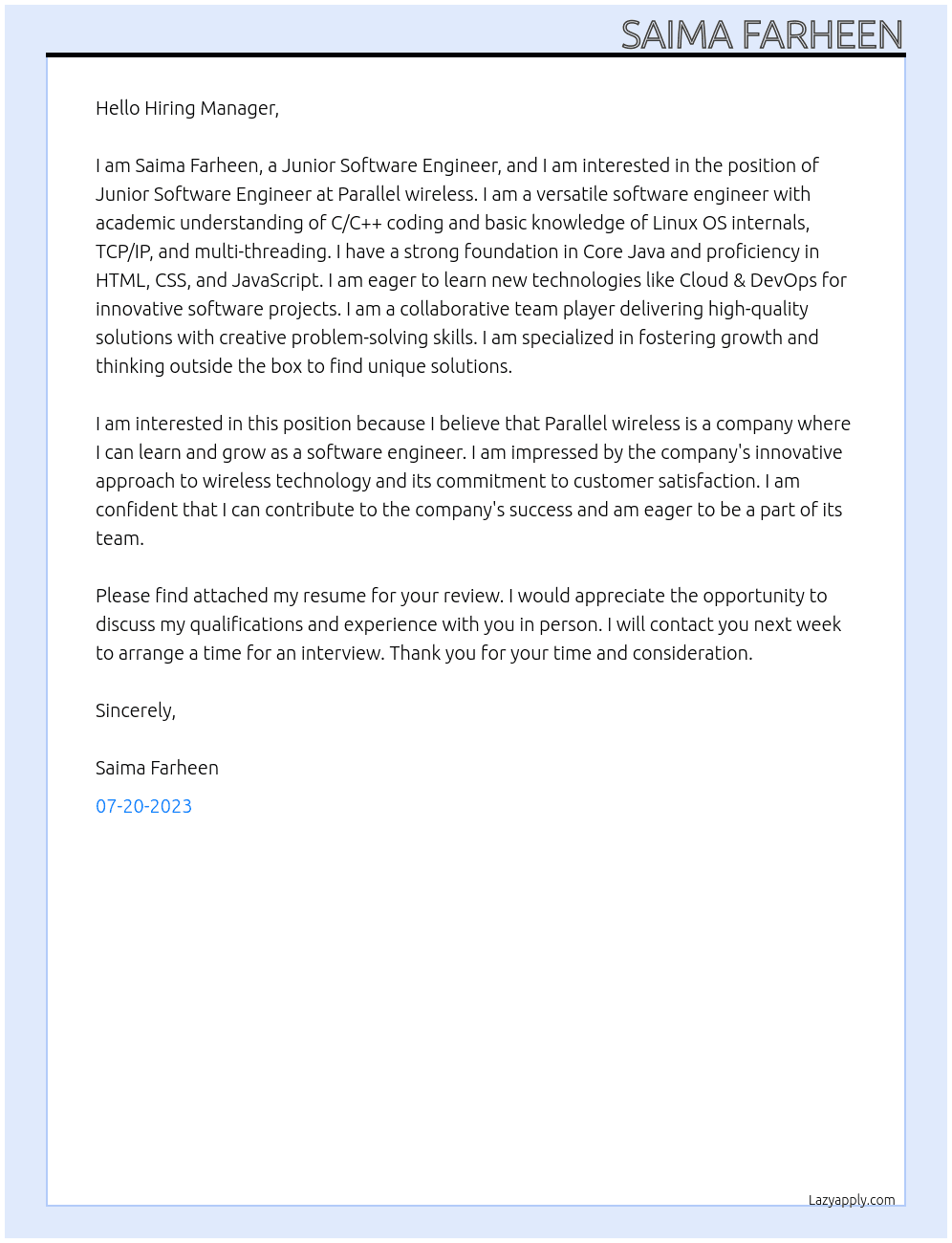 Junior Software Engineer At Parallel wireless Cover Letter