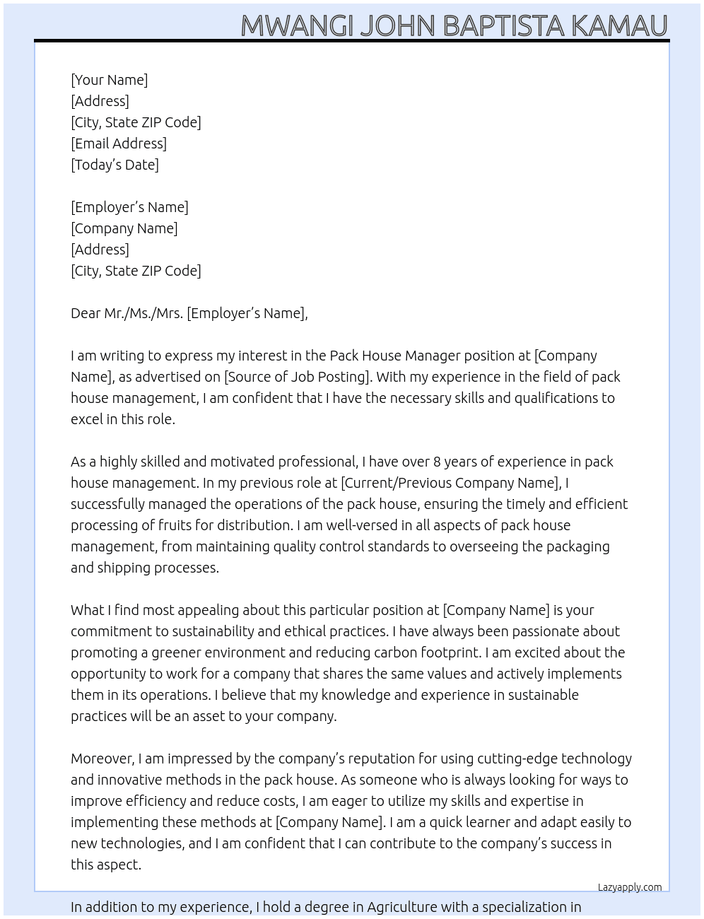 Cover letter for pack house manager - LazyApply
