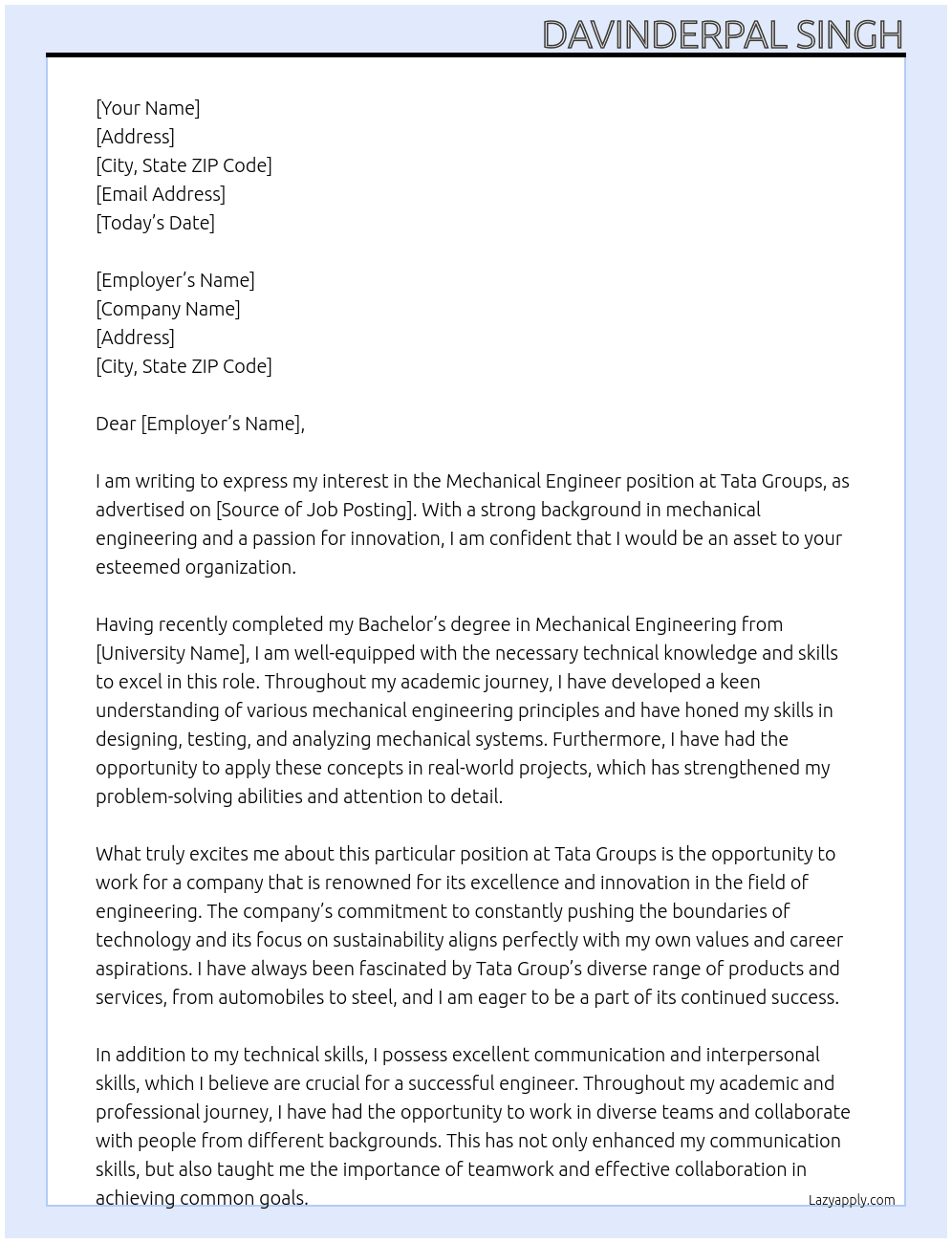 Mechanical engineer At Tata Groups Cover Letter