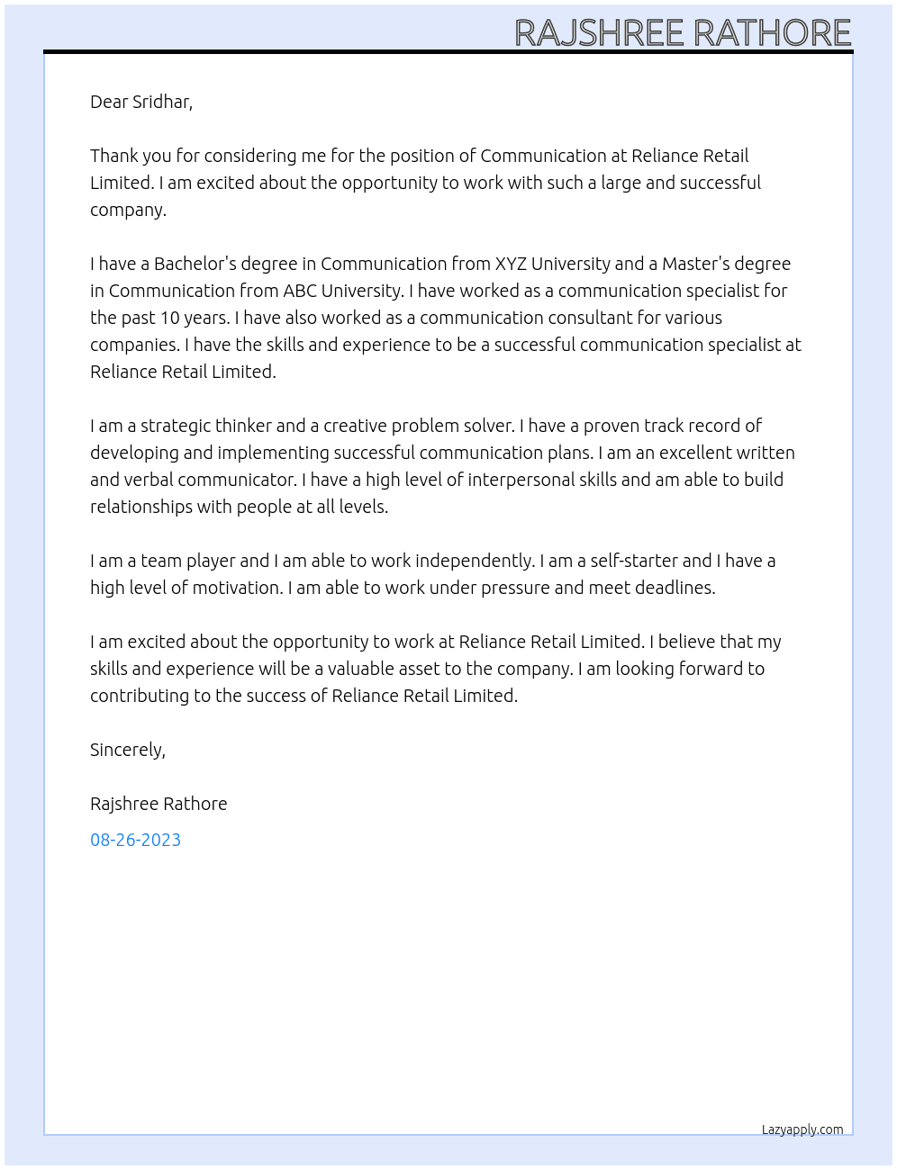 Communication At Reliance retail limited Cover Letter