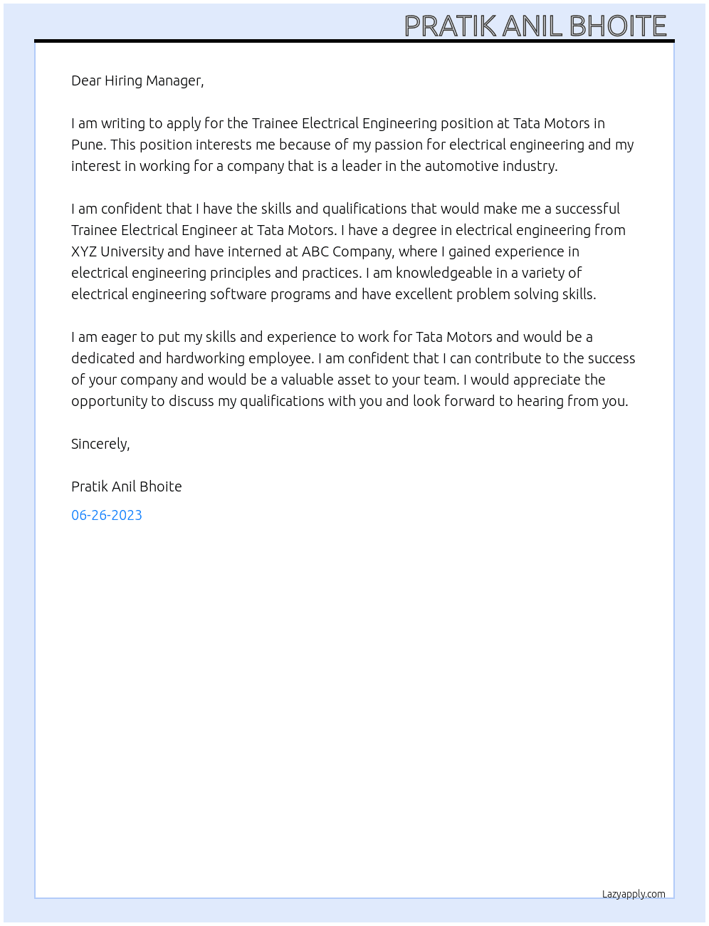 Trainee electrical Engineering  At Tata motors pune Cover Letter