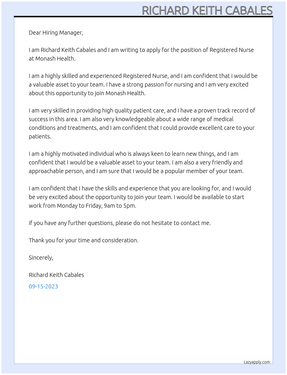 Registered Nurse At Monash Health Cover Letter