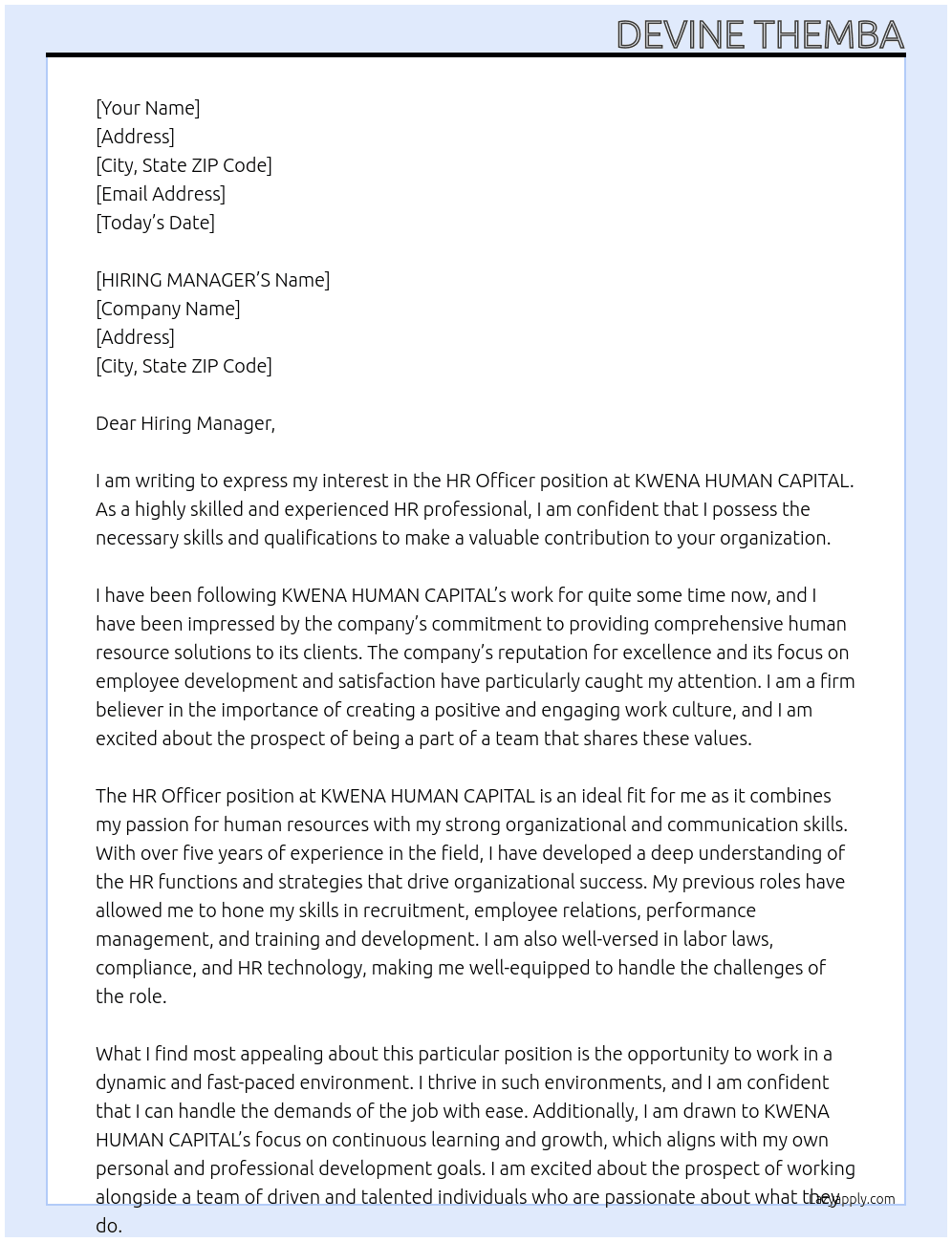 HR OFFICER At KWENA HUMAN CAPITAL Cover Letter