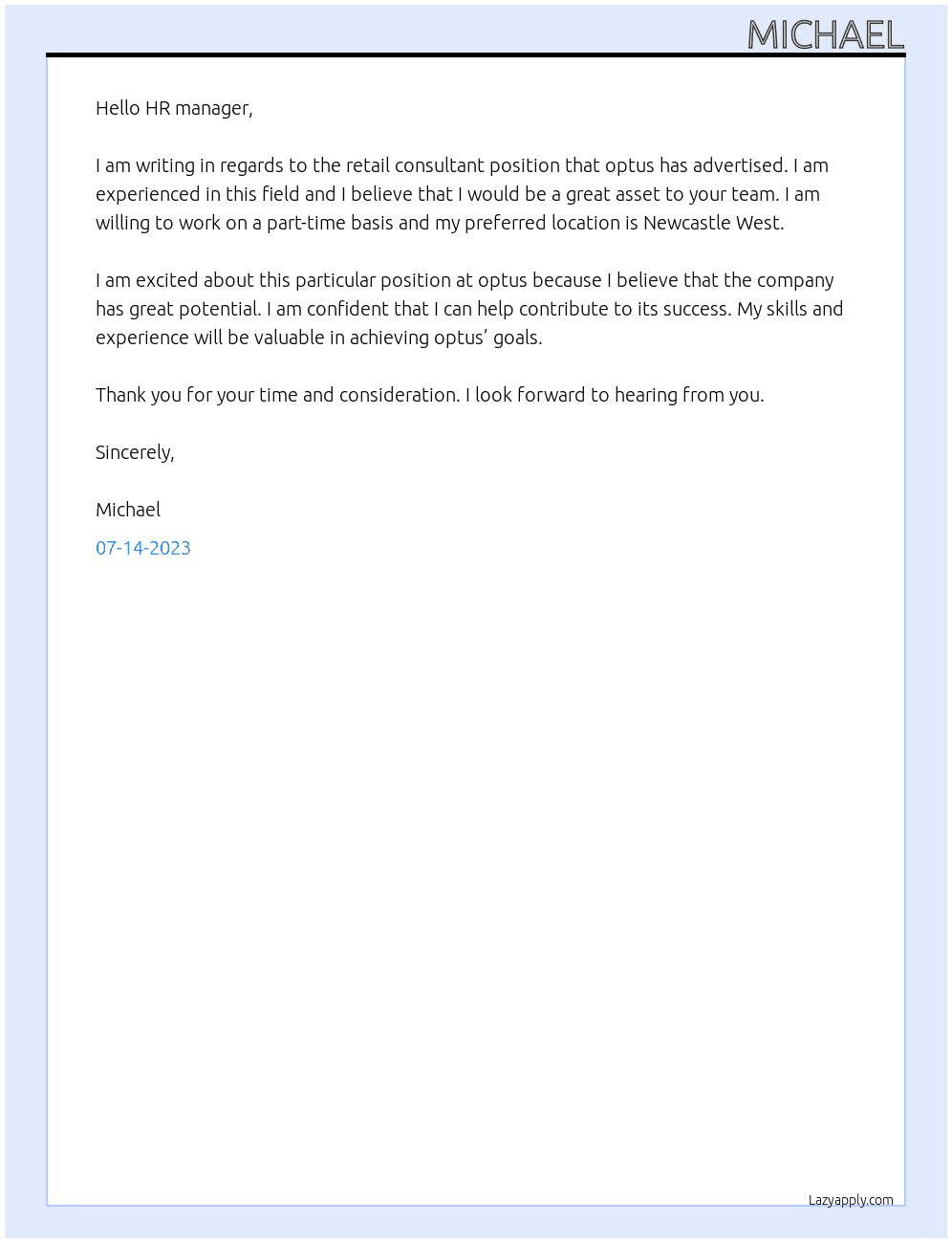 Retail consulatant At optus Cover Letter