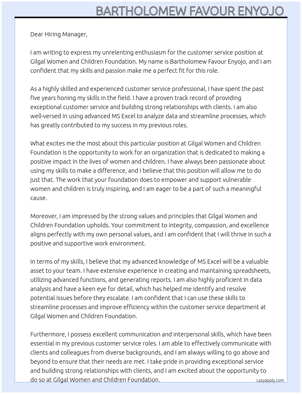 customer service At Gilgal Women and children foundation Cover Letter