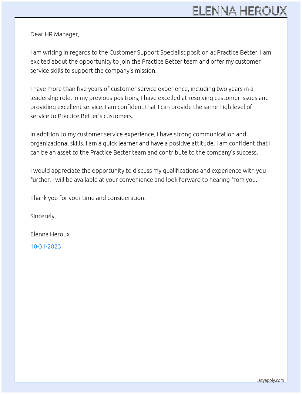 Customer Support Specialist  At Practice Better  Cover Letter