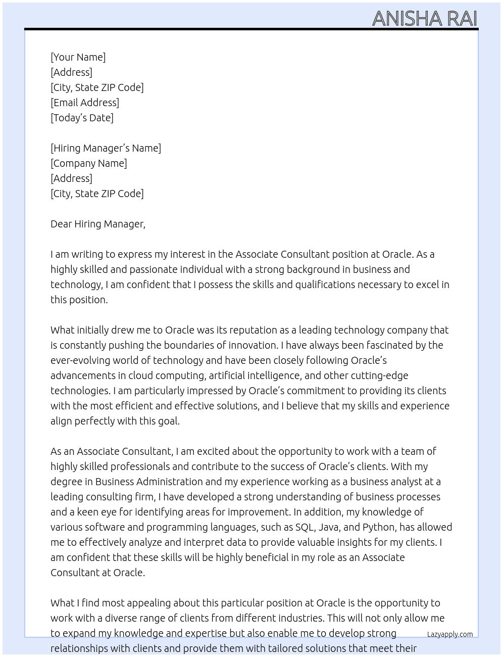 Associate Consultant  At Oracle  Cover Letter