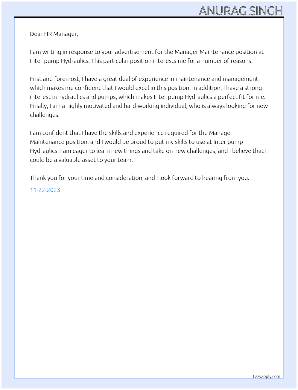 Manager Maintenance At Inter pump Hydraulics  Cover Letter