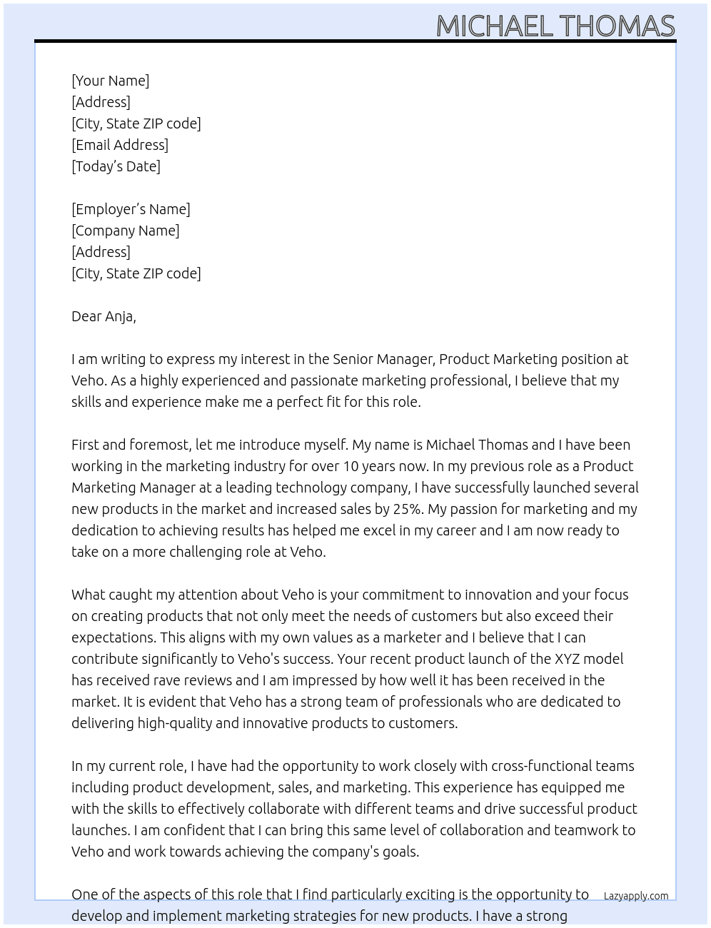 Senior Manager, Product Marketing At Veho Cover Letter