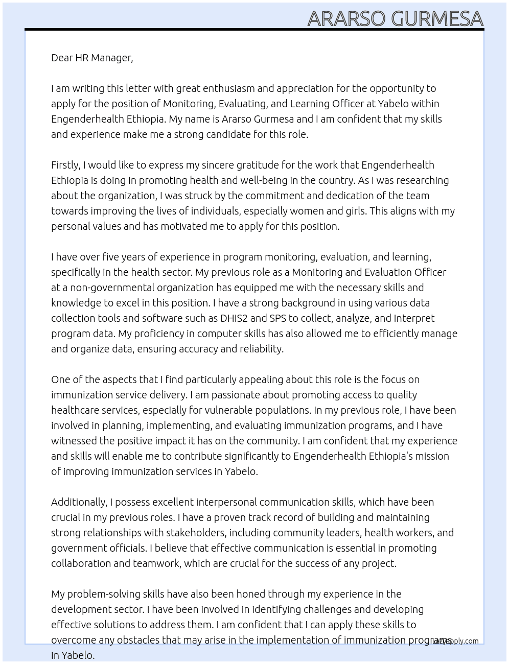Monitoring,Evaluating &learning officer at Yabelo At Engenderhealth Ethiopia Cover Letter