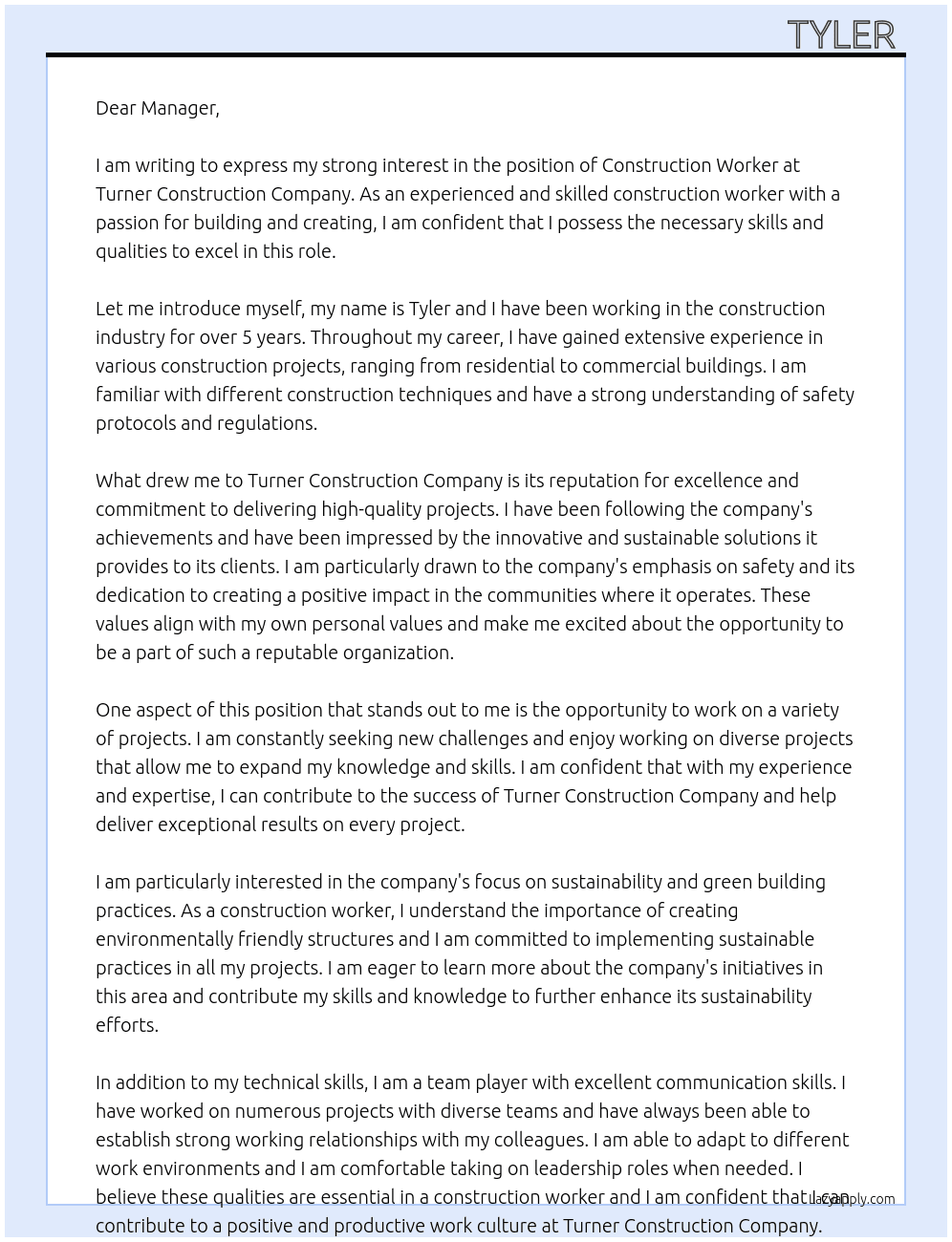 construction worker At Turner Construction Company  Cover Letter