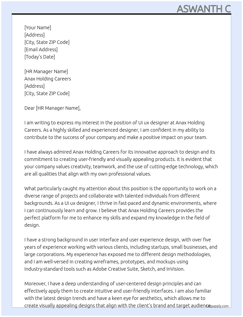 Ui ux designer  At Anax holding careers  Cover Letter