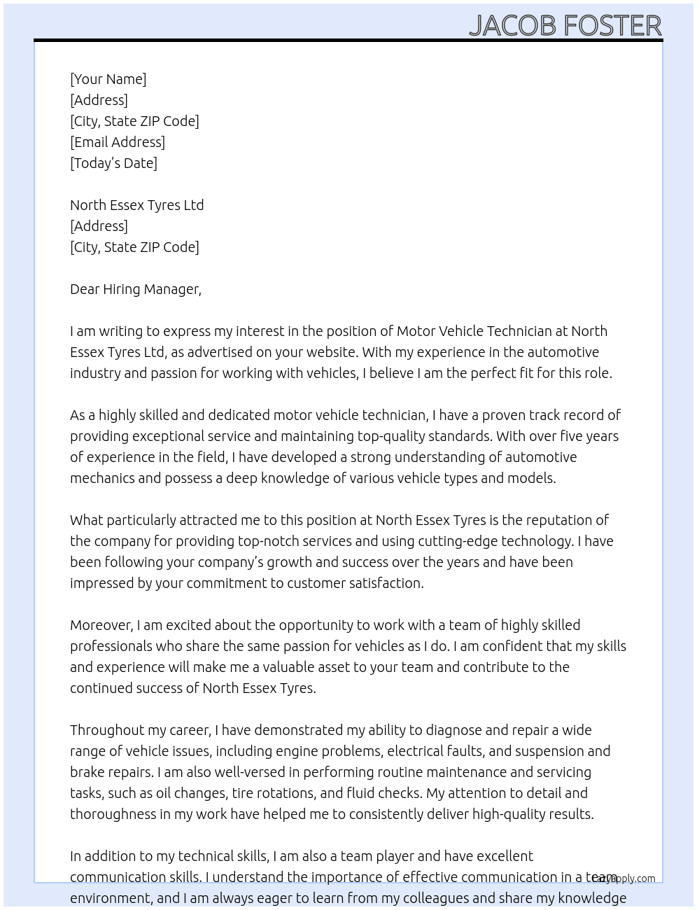 motor vehicle technician At North Essex Tyres ltd Cover Letter