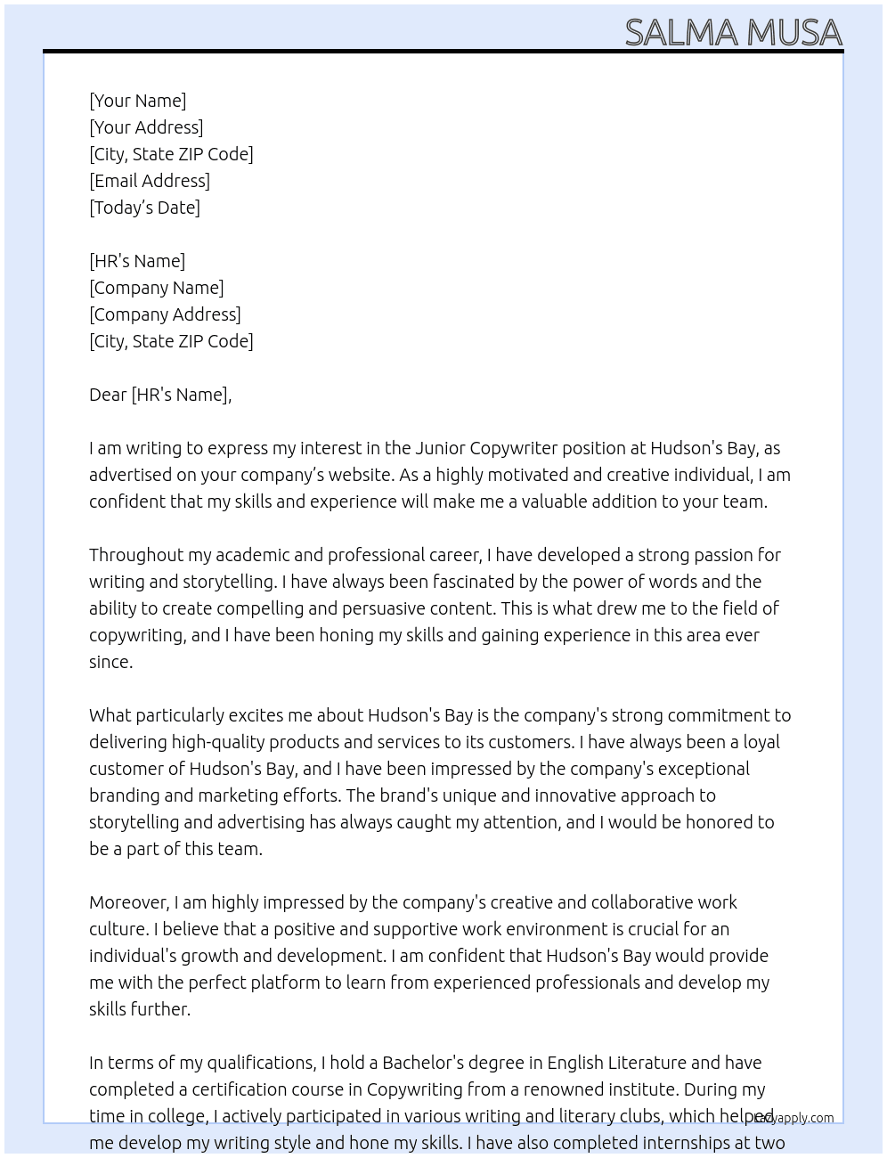 Junior Copywriter At Hudson's Bay Cover Letter