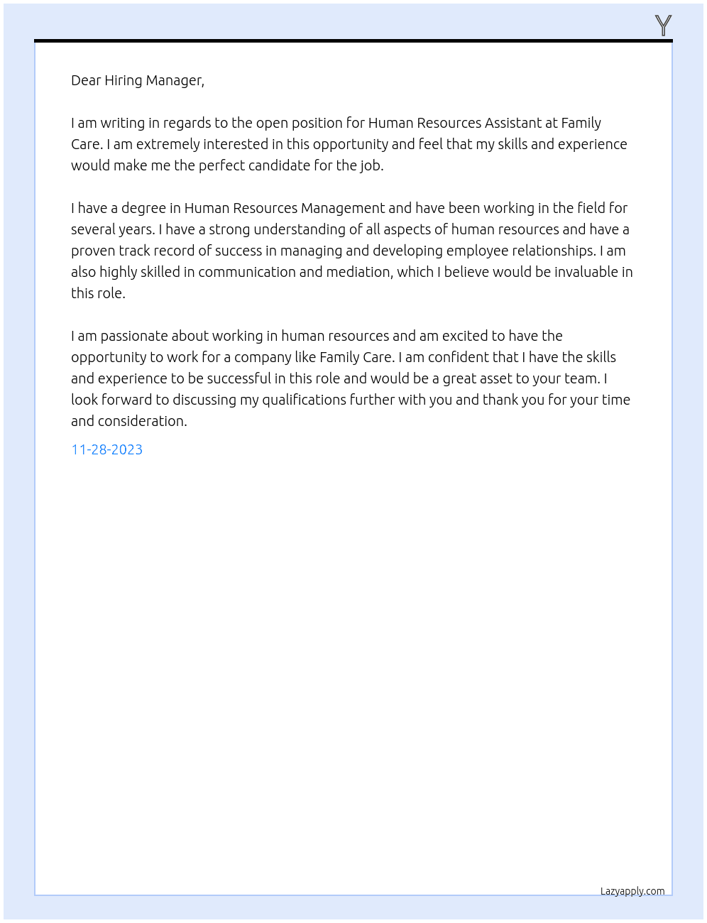 Human Resources Assistant  At Family Care Cover Letter