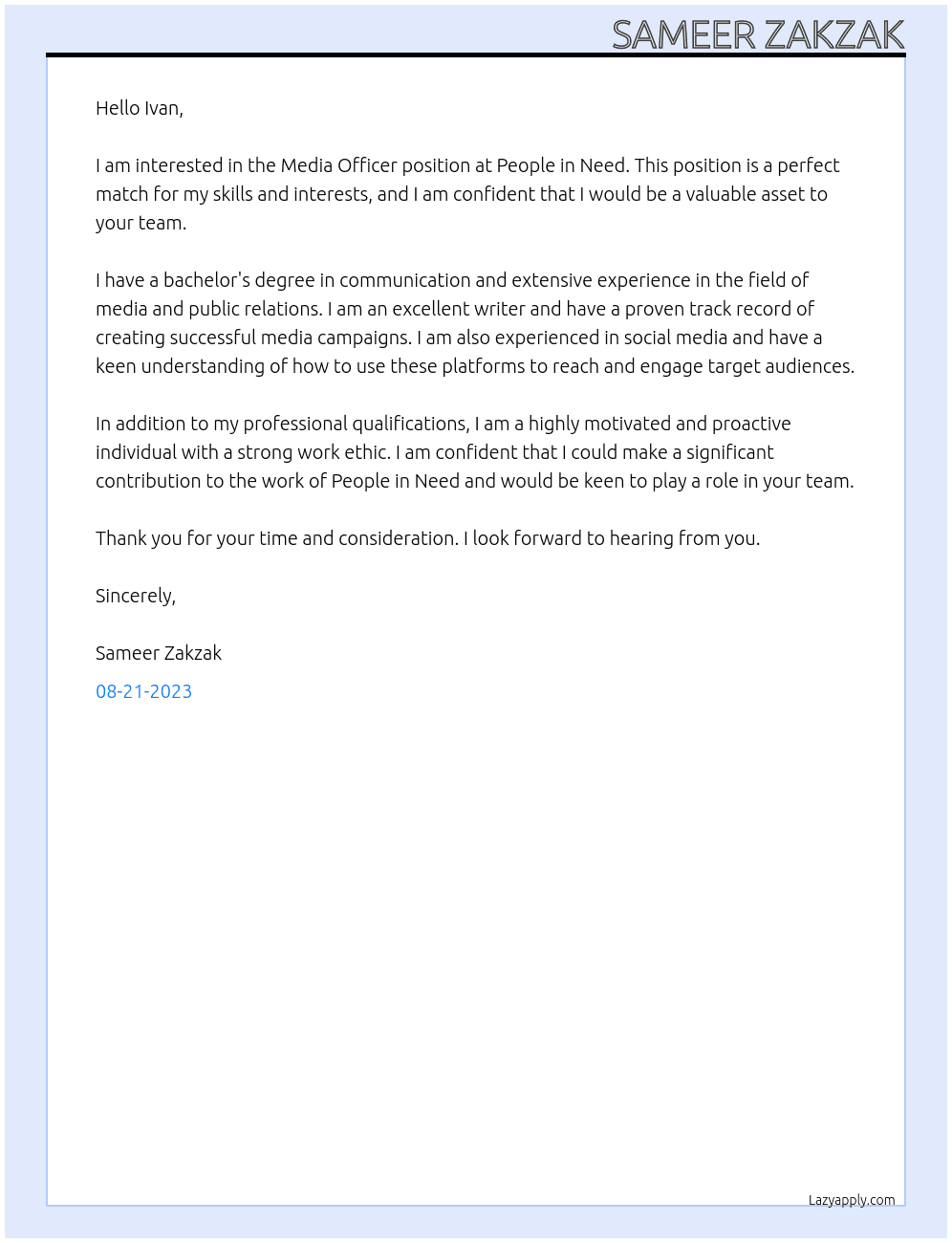 Media Oficer At People in Need Cover Letter