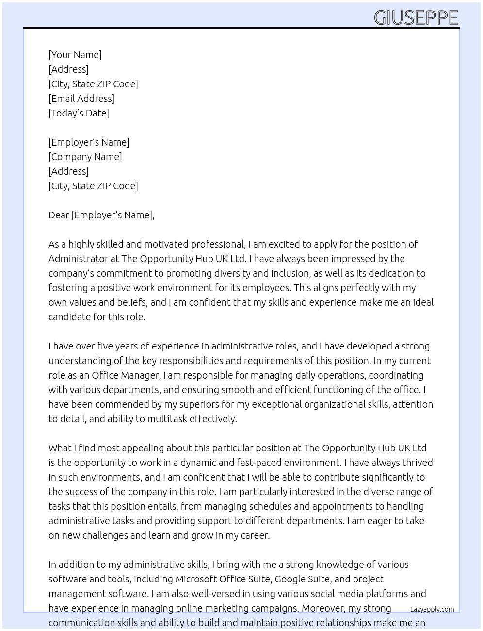 Administrator At 	The Opportunity Hub UK Ltd Cover Letter