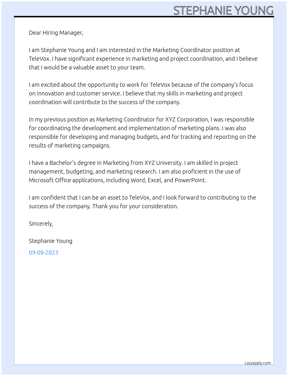 Marketing Coordinator At TeleVox Cover Letter