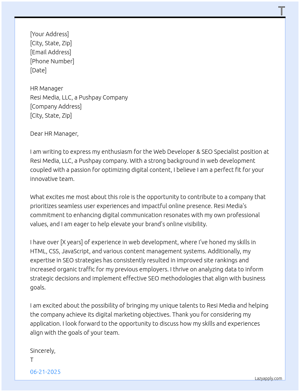 Web Developer & SEO Specialist At Resi Media, LLC, a Pushpay company Cover Letter