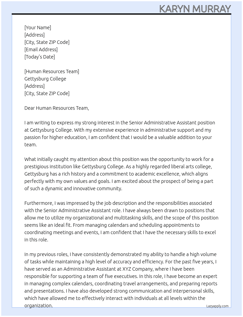 Senior Administrative Assistant At Gettysburg College Cover Letter