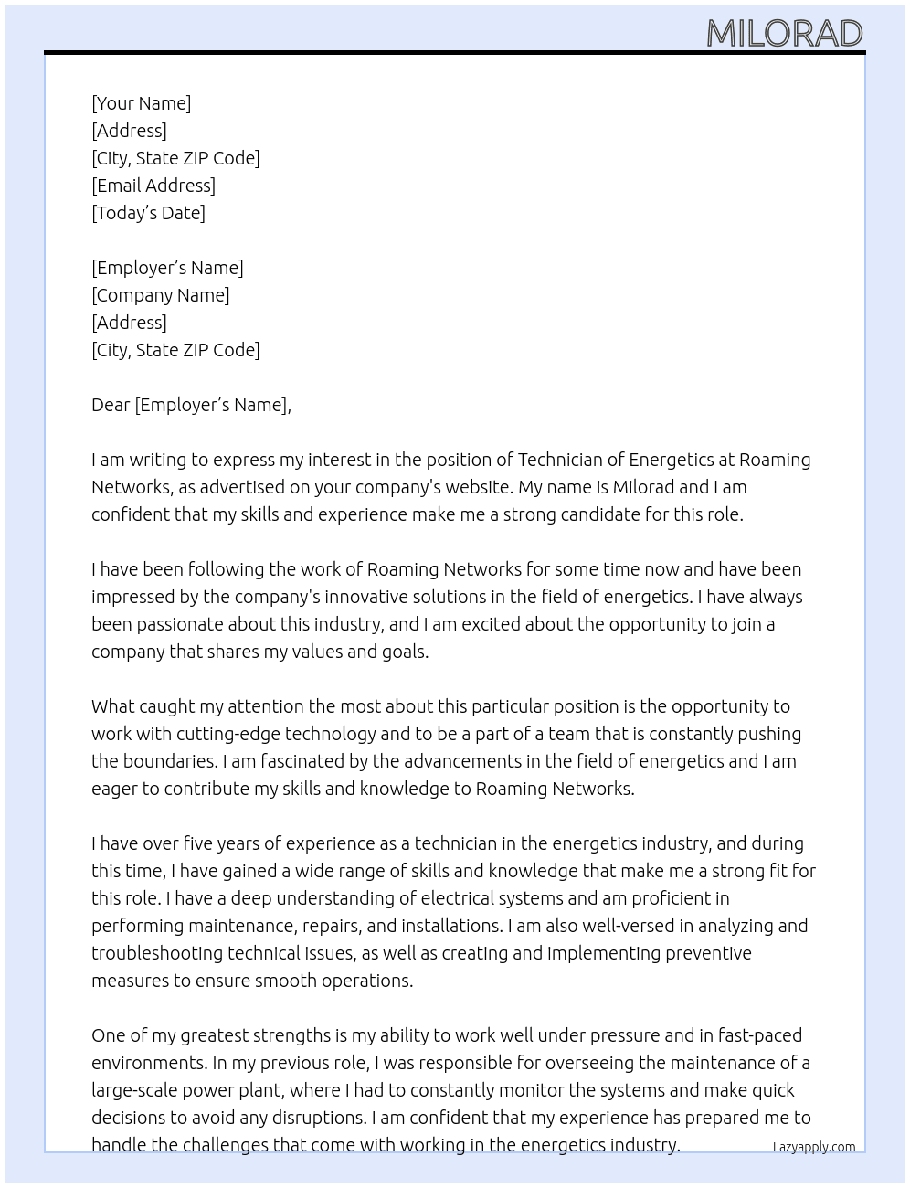 Technician of Energetics At Roaming Networks Cover Letter