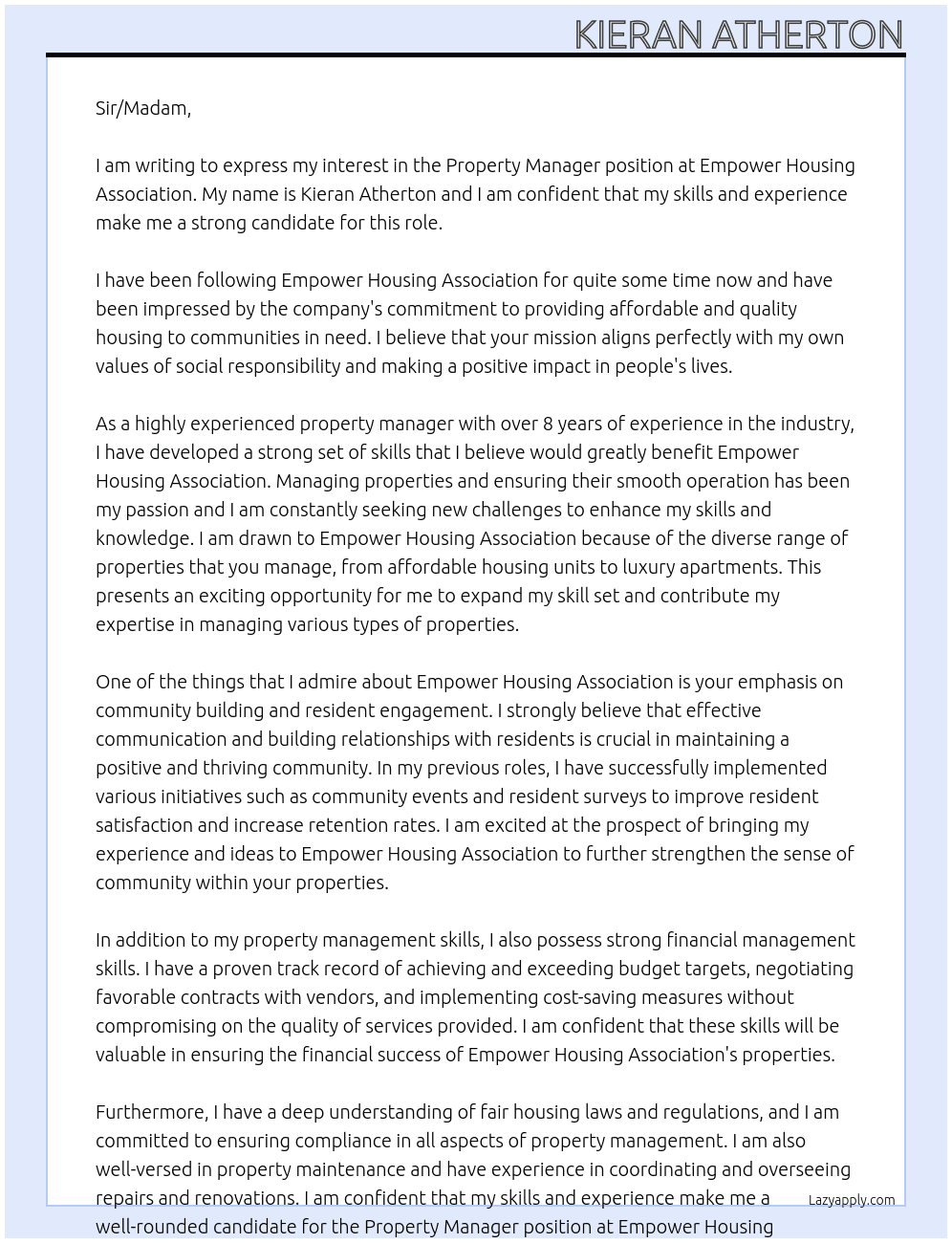 Property manager At Empower housing association Cover Letter