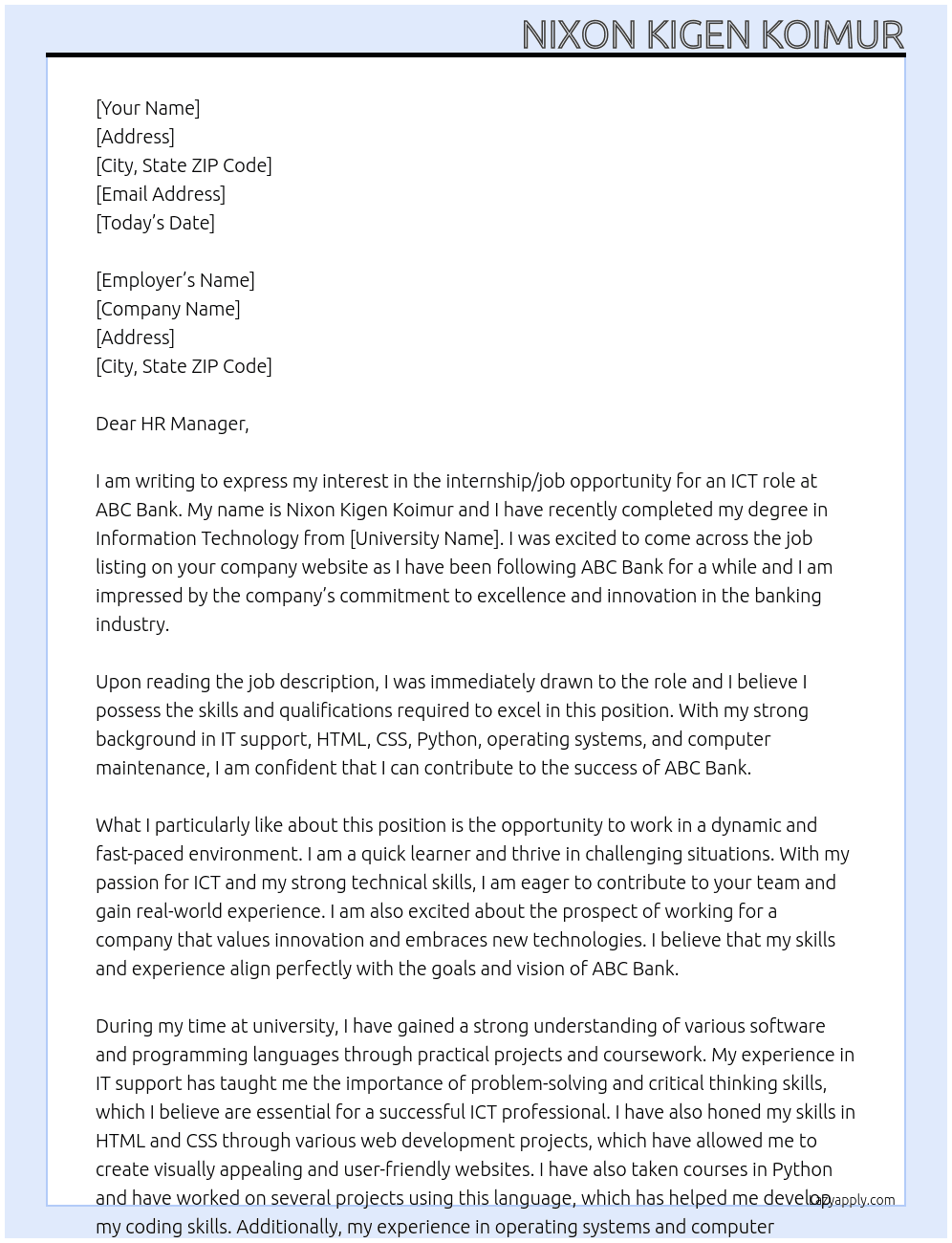 internship or job opportunity ict At ABC BANK Cover Letter